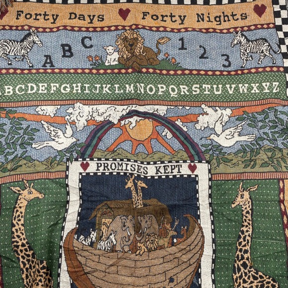 Other - Noah's Ark Tapestry Throw Blanket Forty Days Promises Kept ABC Animals 48x68"